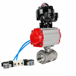 Кран шаровой BV3232P(4pc)-SP-3WL-T-ISO-H WDVF Ду32 Ру63 стандартнопроходной, 3-ходовой L-тип, внутренняя резьба, нержавеющая сталь AISI 316, PTFE, с пневмоприводом PA-DA-083, пневмораспределителем 4V320-10 AC220V и БКВ APL-510N EX