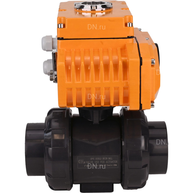 Кран шаровой BV4242E-FP-GRM-ISO Дн25 Ру10 полнопроходной, клеевой с разборным муфтовым соединением, корпус - НПВХ, шар - НПВХ, уплотнение - EPDM, с электроприводом QT-N-005EM-O1-380VAC-У1 в Алматы