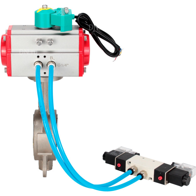 Затвор дисковый поворотный WBV3232P-2W-Fb-H Ду65 Ру16 корпус - нержавеющая сталь 316L, диск - нержавеющая сталь 316L, уплотнение - PTFE, с пневмоприводом PA-DA-083, пневмораспределителем 4V320-08 AC220V и магнитным переключателем ALS200D в Алматы