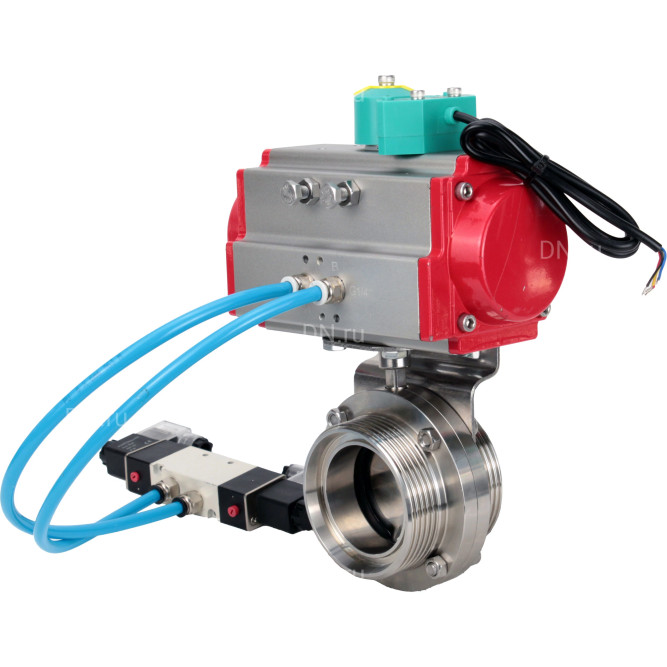 Затвор дисковый поворотный WBV3131E-2W-T-H Ду32 Ру10 резьбовой, корпус - пищевая нержавеющая сталь 304, уплотнение - EPDM, с пневмоприводом PA-DA-052, пневмораспределителем 4M320-08 AC220V, магнитным переключателем ALS200D в Алматы