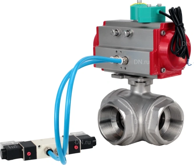 Кран шаровой BV3232P(4pc)-SP-3WL-T-ISO-H Ду10 Ру63 стандартнопроходной L-тип, внутренняя резьба, корпус - нержавеющая сталь 316, PTFE, с пневмоприводом PA-DA-052, пневмораспределителем 4V320-08 AC220V и магнитным переключателем ALS200D в Алматы