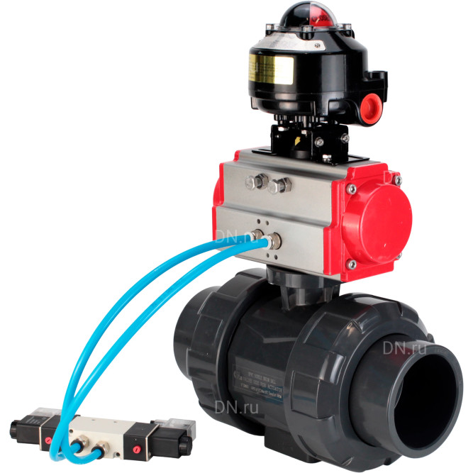 Кран шаровой BV4242E-FP-GRM-ISO Дн100 Ру10 полнопроходной, корпус - НПВХ, шар - НПВХ, уплотнение - EPDM, с пневмоприводом PA-SA-083, пневмораспределителем 4V320-08 AC220V и БКВ APL-510N EX в Алматы