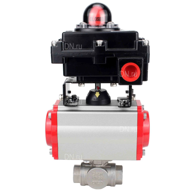 Кран шаровой BV3232P(4pc)-SP-3WL-T-ISO-H Ду25 Ру63 стандартнопроходной трехходовой L-тип, нержавеющая сталь SS316, внутренняя резьба, уплотнение - PTFE, с пневмоприводом PA-DA-52 и блоком концевых выключателей APL-410N EX в Алматы