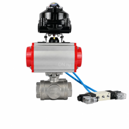 Кран шаровой BV3232P(4pc)-SP-3WL-T-ISO-H WDVF Ду40 Ру63 стандартнопроходной, 3-ходовой L-тип, внутренняя резьба, нержавеющая сталь AISI 316, PTFE, с пневмоприводом PA-DA-083, пневмораспределителем 4V320-10 AC220V и БКВ APL-510N EX