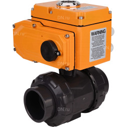 Кран шаровой BV4242E-FP-GRM-ISO Дн32 Ру10 полнопроходной, клеевой с разборным муфтовым соединением, корпус - НПВХ, шар - НПВХ, уплотнение - EPDM, с электроприводом QT-N-005EM-O1-380VAC-У1