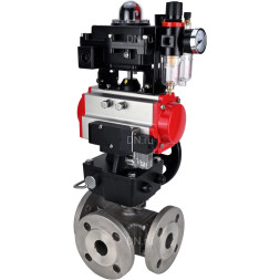 Кран шаровой BV3232P(4pc)-FP-3WL-F Ду15 Ру16 полнопроходной трехходовой, фланцевый, корпус - нержавеющая сталь SS316, с пневмоприводом PA-DA-052, пневмораспределителем 4M310-08 DC24V, БКВ APL-410N EX, ручной дублер MON1-250-T26-ISO и БПВ AFC2000