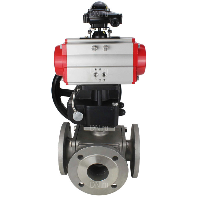 Кран шаровой BV3232P(4pc)-FP-3WL-F Ду40 Ру16 полнопроходной трехходовой, фланцевый, корпус - нержавеющая сталь SS316, с пневмоприводом PA-DA-065 двойного действия, БКВ APL-210N и ручным дублером MON1-250-T26-ISO в Алматы