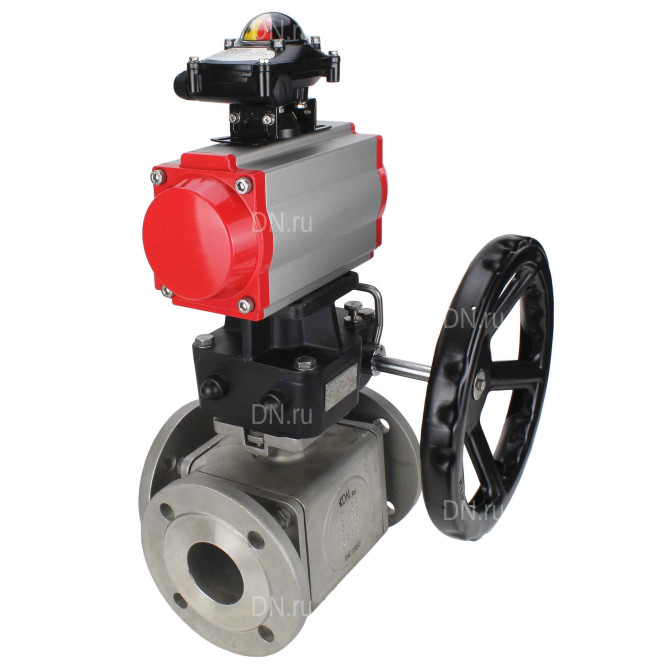 Кран шаровой BV3232P(4pc)-FP-3WL-F Ду40 Ру16 полнопроходной трехходовой, фланцевый, корпус - нержавеющая сталь SS316, с пневмоприводом PA-DA-065 двойного действия, БКВ APL-210N и ручным дублером MON1-250-T26-ISO в Алматы