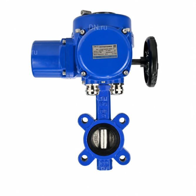 Затвор дисковый поворотный WBV1616E-2W-Fb-H Ду50 Ру16 LUG межфланцевый, корпус - чугун QT450, диск - чугун QT450, уплотнение - EPDM, с электроприводом QT-N-005M-O2-380VAC-У1 с моментной муфтой и штурвалом в Алматы
