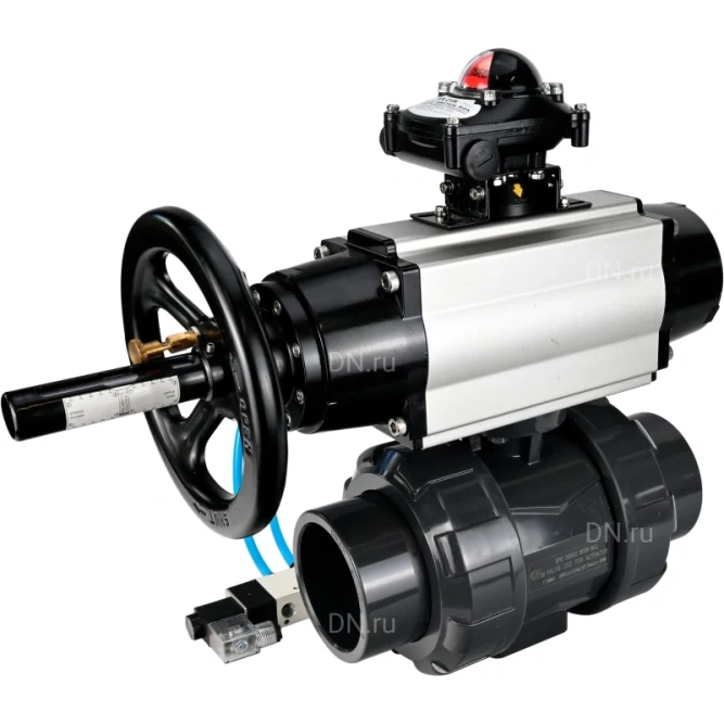 Кран шаровой BV4242E-FP-GRM-ISO Дн100 Ру10 полнопроходной, корпус - НПВХ, шар - НПВХ, уплотнение - EPDM, с пневмоприводом PA-DA-105-1, пневмораспределителем 4V320-08 AC220V и БКВ APL-210N в Алматы