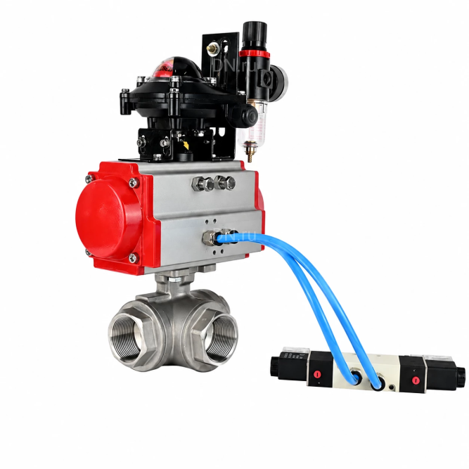 Кран шаровой BV3232P(4pc)-SP-3WL-T-ISO-H WDVF Ду40 Ру63 стандартнопроходной, 3-ходовой L-тип, внутренняя резьба, нержавеющая сталь AISI 316, PTFE, с пневмоприводом PA-SA-130, пневмораспределителем 4V320-10 AC220V, БКВ APL-210N и БПВ AFC2000 в Алматы