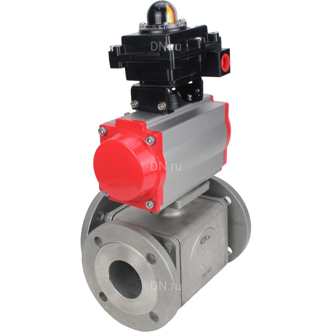 Кран шаровой BV3232P(4pc)-FP-3WL-F Ду65 Ру16 полнопроходной трехходовой, фланцевый, корпус - нержавеющая сталь SS316, с пневмоприводом PA-DA-083 двойного действия и БКВ APL-410N EX в Алматы