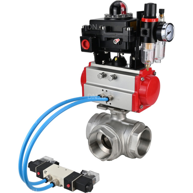 Кран шаровой BV3232P(4pc)-SP-3WL-T-ISO-H Ду50 Ру63, стандартнопроходной, четырехсоставной, нержавеющая сталь 316, PTFE, внутренняя резьба, с пневмоприводом PA-DA-065, пневмораспределителем 4V320-08 AC220V, БКВ APL-410N Ex, БПВ AFC2000 в Алматы