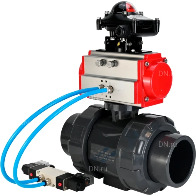 Кран шаровой BV4242E-FP-GRM-ISO Дн15 Ру10 полнопроходной, корпус - НПВХ, шар - НПВХ, уплотнение - EPDM, с пневмоприводом PA-DA-052, пневмораспределителем 4V320-10 AC220V и БКВ APL-210N в Алматы