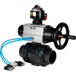 Кран шаровой BV4242E-FP-GRM-ISO Дн20 Ру10 полнопроходной, корпус - НПВХ, шар - НПВХ, уплотнение - EPDM, с пневмоприводом PA-DA-105-1, пневмораспределителем 4V320-08 AC220V и БКВ APL-510N EX