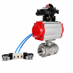 Кран шаровой BV3232P(4pc)-SP-3WL-T-ISO-H WDVF Ду32 Ру63 стандартнопроходной, 3-ходовой L-тип, внутренняя резьба, нержавеющая сталь AISI 316, PTFE, с пневмоприводом PA-DA-083, пневмораспределителем 4V320-10 AC220V и БКВ APL-210N