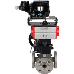 Кран шаровой BV3232P(4pc)-FP-3WL-F Ду20 Ру16 полнопроходной трехходовой, фланцевый, корпус - нержав.сталь SS316, с пневмоприводом PA-DA-052 двойного действия, пневмопозиционером YT-1000RSN без обратной связи и ручным дублером MON1-250-T26-ISO
