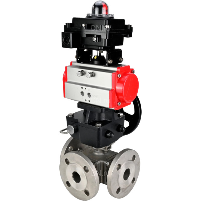 Кран шаровой BV3232P(4pc)-FP-3WL-F Ду65 Ру16 полнопроходной трехходовой, фланцевый, корпус - нержавеющая сталь SS316, с пневмоприводом PA-DA-083 двойного действия, БКВ APL-410N EX и ручным дублером MON2-450-T28-ISO в Алматы