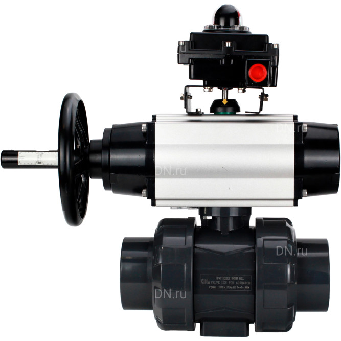 Кран шаровой BV4242E-FP-GRM-ISO Дн100 Ру10 полнопроходной, корпус - НПВХ, шар - НПВХ, уплотнение - EPDM, с пневмоприводом PA-DA-105-1, пневмораспределителем 4M310-08 DC24V и БКВ APL-410N EX в Алматы