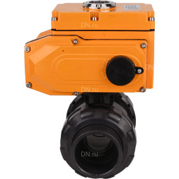 Кран шаровой BV4242E-FP-GRM-ISO Дн65 Ру10 полнопроходной, клеевой с разборным муфтовым соединением, корпус - НПВХ, шар - НПВХ, уплотнение - EPDM, с электроприводом QT-N-005EM-O1-380VAC-У1