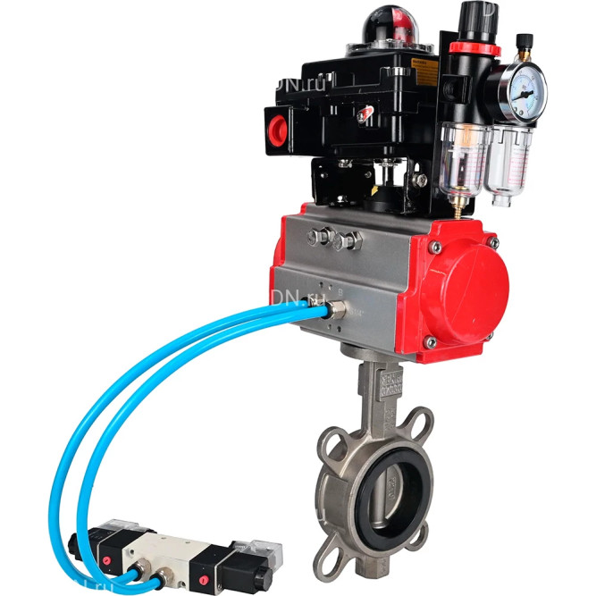 Затвор дисковый поворотный WBV3131N-2W-Fb-H Ду100 Ру16, корпус - нержавеющая сталь 304, диск - нержавеющая сталь 304, уплотнение - NBR, с пневмоприводом PA-SA-130, пневмораспределителем 4M320-08 AC220V, БКВ APL-410N EX и БПВ AFC2000 в Алматы