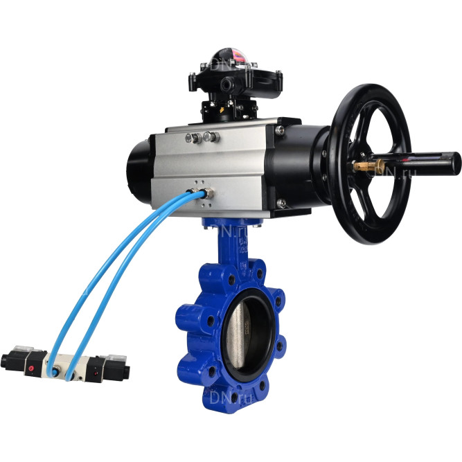 Затвор дисковый поворотный WBV1616E-2W-Fb-H Ду150 Ру16 LUG корпус - чугун QT450, диск - чугун QT450, уплотнение - EPDM, с пневмоприводом PA-DA-105-1, пневмораспределителем 4V320-10 AC220V и БКВ APL-210N в Алматы