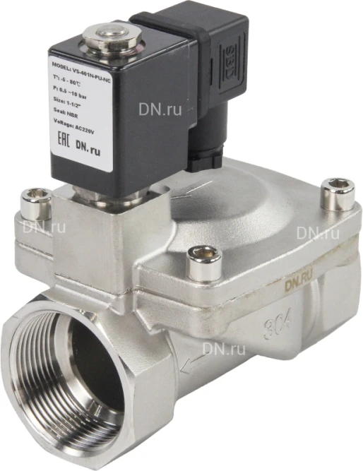 Клапан электромагнитный VS431-NT-NC-220VAC 1 1/2″ Ду40 Ру16, соленоидный двухходовой, корпус - нержавеющая сталь 304, уплотнение - NBR, резьбовой, нормально-закрытый, пилотный, катушка - 220В в Алматы