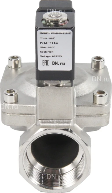 Клапан электромагнитный VS431-NT-NC-220VAC 1 1/2″ Ду40 Ру16, соленоидный двухходовой, корпус - нержавеющая сталь 304, уплотнение - NBR, резьбовой, нормально-закрытый, пилотный, катушка - 220В в Алматы