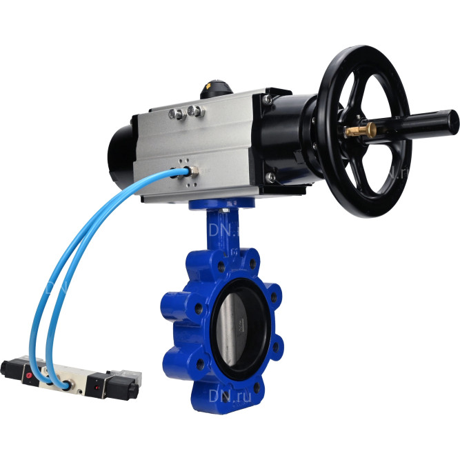 Затвор дисковый поворотный WBV1631N-2W-Fb-H Ду125 Ру16 LUG корпус - чугун QT450, диск - нержавеющая сталь 304, уплотнение - NBR, с пневмоприводом PA-DA-105-1 и пневмораспределителем 4V320-10 AC220V в Алматы