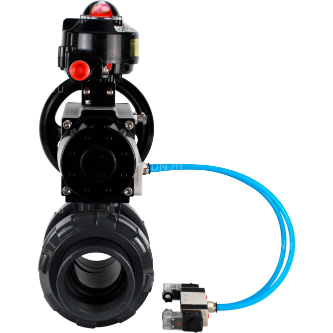 Кран шаровой BV4242E-FP-GRM-ISO Дн40 Ру10 полнопроходной, корпус - НПВХ, шар - НПВХ, уплотнение - EPDM, с пневмоприводом PA-DA-105-1, пневмораспределителем 4V320-08 AC220V и БКВ APL-510N EX в Алматы