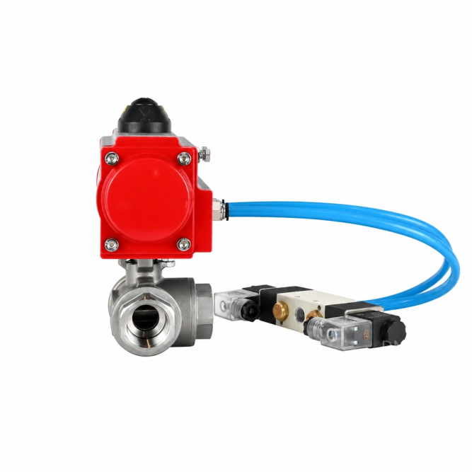 Кран шаровой BV3232P(4pc)-SP-3WT-T-ISO-H WDVF Ду25 Ру63 стандартнопроходной, 3-ходовой Т-тип, внутренняя резьба, корпус - нержавеющая сталь AISI 316, уплотнение - PTFE, с пневмоприводом PA-DA-065 и пневмораспределителем 4V320-08 AC220V в Алматы