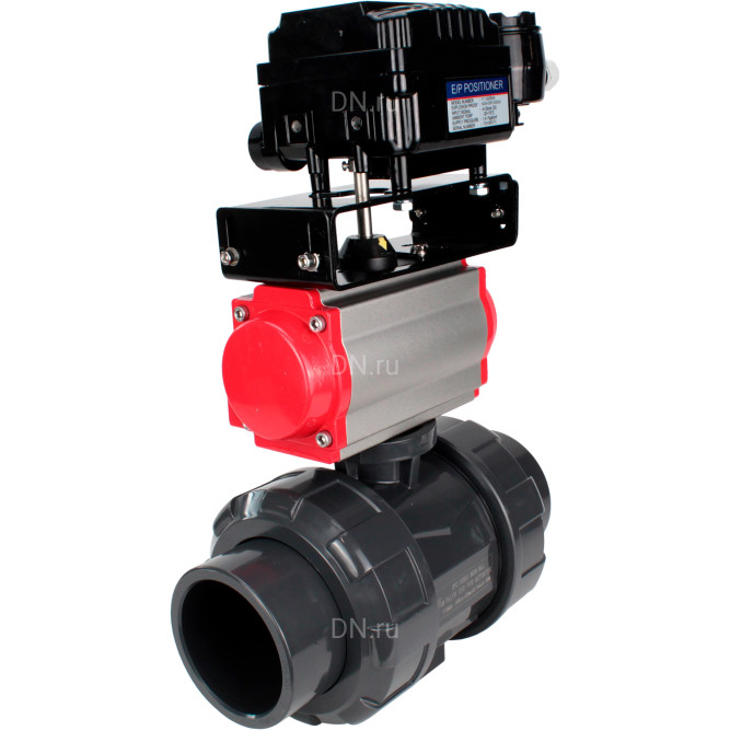Кран шаровой BV4242E-FP-GRM-ISO Дн40 Ру10 полнопроходной, корпус - НПВХ, шар - НПВХ, уплотнение - EPDM, с пневмоприводом PA-DA-052 и пневмопозиционером YT-1000RSN без обратной связи в Алматы
