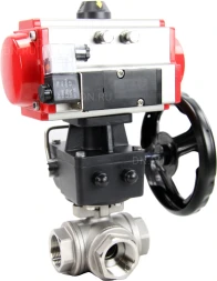 Кран шаровой BV3232P(4pc)-SP-3WL-T-ISO-H Ду25 Ру63 стандартнопроходной трехходовой L-тип, нерж. сталь SS316, внутренняя резьба, уплотнение - PTFE, пн.приводом PA-DA-065, пн.распределителем 4M310-08 DC24V и ручным дублером MON1-250-T26-ISO
