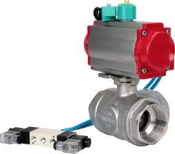 Кран шаровой BV3232P(4pc)-SP-3WL-T-ISO-H Ду40 Ру63 стандартнопроходной L-тип, внутренняя резьба, корпус - нержавеющая сталь 316, PTFE, с пневмоприводом PA-DA-065, пневмораспределителем 4V320-08 AC220V и магнитным переключателем ALS200D