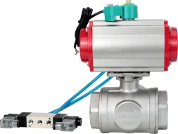Кран шаровой BV3232P(4pc)-SP-3WL-T-ISO-H Ду40 Ру63 стандартнопроходной L-тип, внутренняя резьба, корпус - нержавеющая сталь 316, PTFE, с пневмоприводом PA-DA-065, пневмораспределителем 4V320-08 AC220V и магнитным переключателем ALS200D