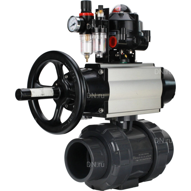 Кран шаровой BV4242E-FP-GRM-ISO Дн20 Ру10 полнопроходной, корпус - НПВХ, шар - НПВХ, уплотнение - EPDM, с пневмоприводом PA-DA-105-1, пневмораспределителем 4M310-08 AC220V, БКВ APL-510N EX и БПВ AFC2000 в Алматы
