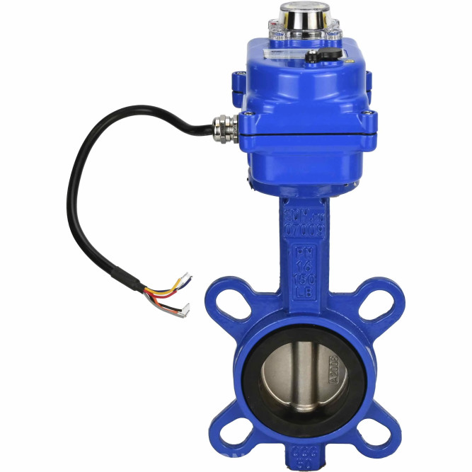 Затвор дисковый поворотный WBV1432E-2W-Fb-H Ду50 Ру16, корпус - чугун GGG50, диск - нержавеющая сталь 316L, уплотнение - EPDM, с электроприводом QT-N-003EM-O1-12VDC-У1 blue 12В в Алматы