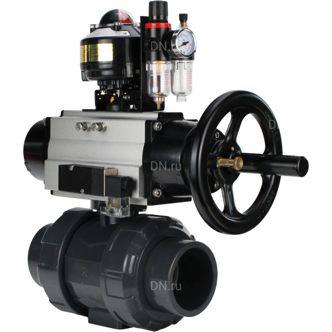 Кран шаровой BV4242E-FP-GRM-ISO Дн25 Ру10 полнопроходной, корпус - НПВХ, шар - НПВХ, уплотнение - EPDM, с пневмоприводом PA-DA-105-1, пневмораспределителем 4M310-08 AC220V, БКВ APL-510N EX и БПВ AFC2000 в Алматы