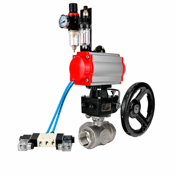 Кран шаровой BV3232P(4pc)-SP-3WL-T-ISO-H WDVF Ду32 Ру63 стандартнопроходной, 3-ходовой L-тип, внутренняя резьба, с пневмоприводом PA-DA-083, пневмораспределителем 4V320-08 AC220V, БПВ AFC2000 и ручным дублером MON1-250-T26-ISO в Алматы