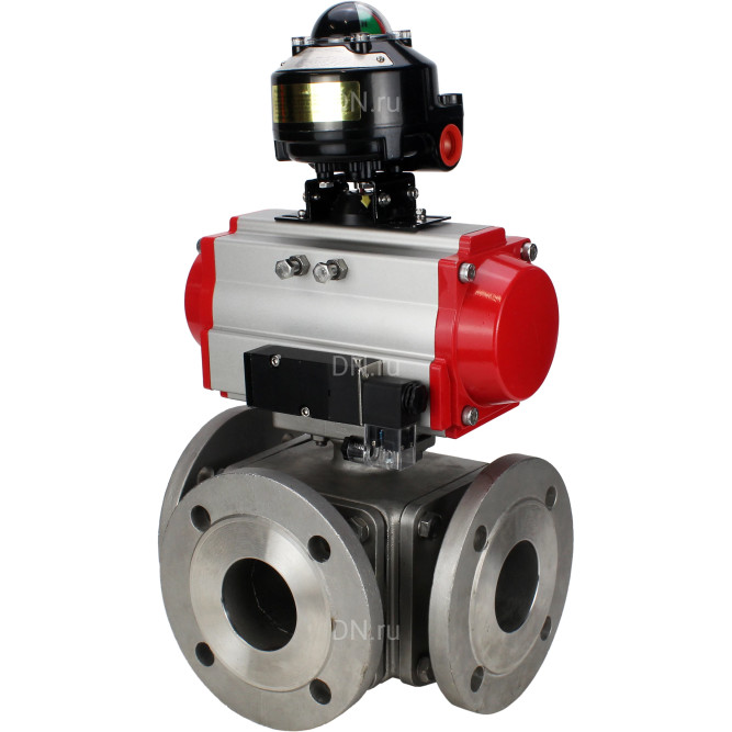Кран шаровой BV3232P(4pc)-FP-3WL-F Ду15 Ру16 полнопроходной трехходовой, фланцевый, корпус - нержавеющая сталь SS316, с пневмоприводом PA-DA-052 двойного действия, пневмораспределителем 4M310-08 AC220V и БКВ APL-510N EX в Алматы