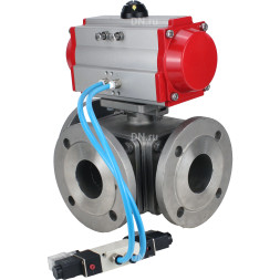 Кран шаровой BV3232P(4pc)-FP-3WL-F Ду32 Ру16 полнопроходной трехходовой, фланцевый, корпус - нержавеющая сталь SS316, с пневмоприводом PA-SA-083 с возвратными пружинами и пневмораспределителем 4V320-10 AC220V
