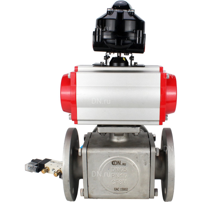 Кран шаровой BV3232P(4pc)-FP-3WL-F Ду50 Ру16 полнопроходной трехходовой, фланцевый, корпус - нержавеющая сталь SS316, с пневмоприводом PA-SA-105 с возвратными пружинами, пневмораспределителем 4V320-08 AC220V и БКВ APL-510N EX в Алматы