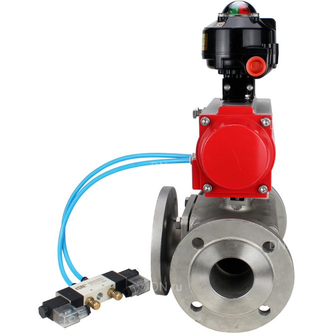 Кран шаровой BV3232P(4pc)-FP-3WL-F Ду50 Ру16 полнопроходной трехходовой, фланцевый, корпус - нержавеющая сталь SS316, с пневмоприводом PA-SA-105 с возвратными пружинами, пневмораспределителем 4V320-08 AC220V и БКВ APL-510N EX в Алматы