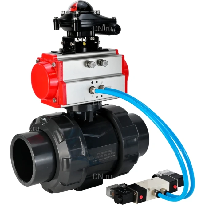 Кран шаровой BV4242E-FP-GRM-ISO Дн65 Ру10 полнопроходной, корпус - НПВХ, шар - НПВХ, уплотнение - EPDM, с пневмоприводом PA-DA-065, пневмораспределителем 4V320-10 AC220V и БКВ APL-210N в Алматы