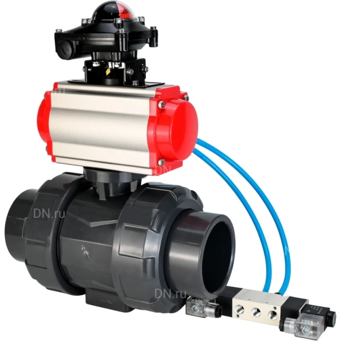 Кран шаровой BV4242E-FP-GRM-ISO Дн65 Ру10 полнопроходной, корпус - НПВХ, шар - НПВХ, уплотнение - EPDM, с пневмоприводом PA-DA-065, пневмораспределителем 4V320-10 AC220V и БКВ APL-210N в Алматы