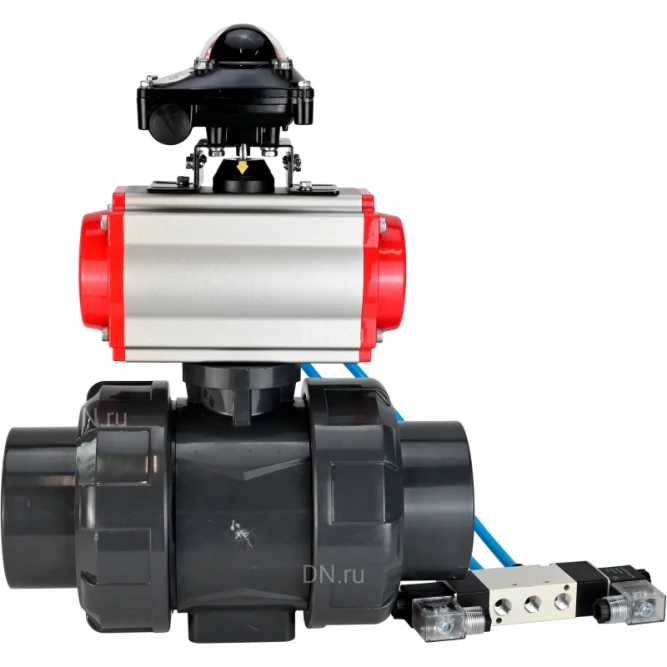 Кран шаровой BV4242E-FP-GRM-ISO Дн65 Ру10 полнопроходной, корпус - НПВХ, шар - НПВХ, уплотнение - EPDM, с пневмоприводом PA-DA-065, пневмораспределителем 4V320-10 AC220V и БКВ APL-210N в Алматы
