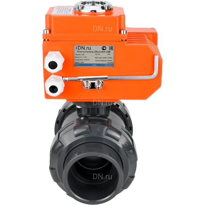Кран шаровой BV4242E-FP-GRM-ISO Дн25 Ру10 полнопроходной, клеевой с разборным муфтовым соединением, корпус - НПВХ, шар - НПВХ, уплотнение - EPDM, с электроприводом QT-N-003EM-O1-24VDC-У1 HARK в Алматы