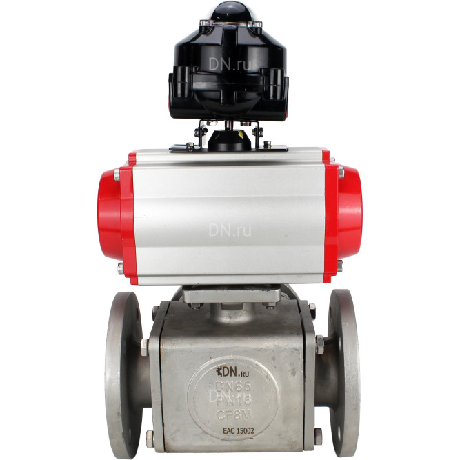 Кран шаровой BV3232P(4pc)-FP-3WL-F Ду15 Ру16 полнопроходной трехходовой, фланцевый, корпус - нержавеющая сталь SS316, с пневмоприводом PA-DA-052 двойного действия, пневмораспределителем 4M310-08 DC24V и БКВ APL-510N EX в Алматы