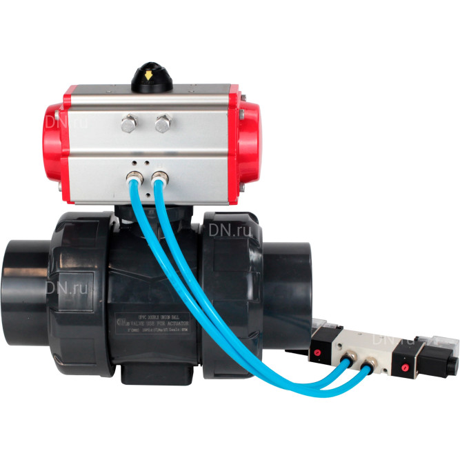 Кран шаровой BV4242E-FP-GRM-ISO Дн65 Ру10 полнопроходной, корпус - НПВХ, шар - НПВХ, уплотнение - EPDM, с пневмоприводом PA-SA-065 и пневмораспределителем 4V320-10 AC220V в Алматы