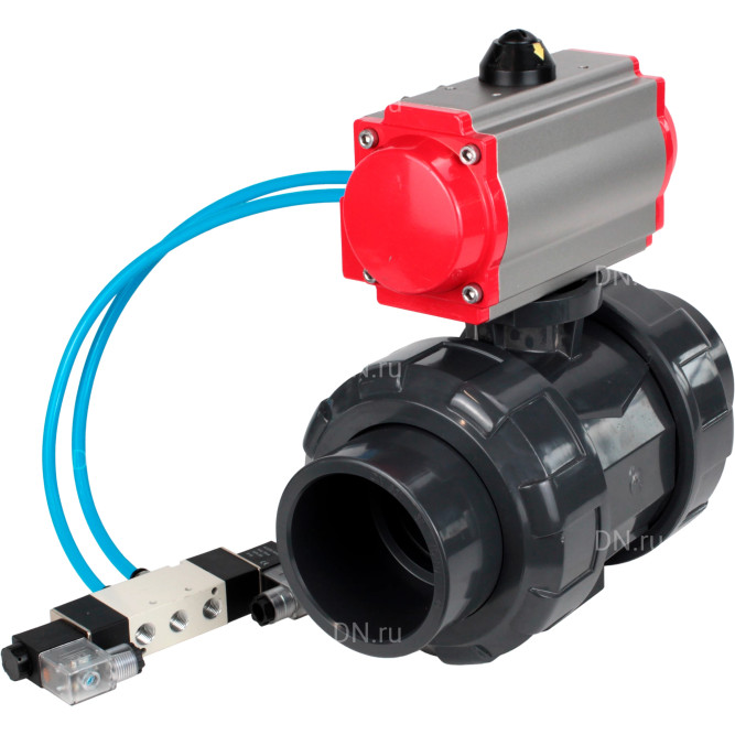 Кран шаровой BV4242E-FP-GRM-ISO Дн65 Ру10 полнопроходной, корпус - НПВХ, шар - НПВХ, уплотнение - EPDM, с пневмоприводом PA-SA-065 и пневмораспределителем 4V320-10 AC220V в Алматы